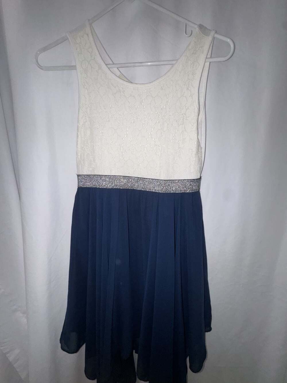 Lily Bleu Girls White Lace Bodice and Navy Blue Chiffon High-Low Dress  Glitter